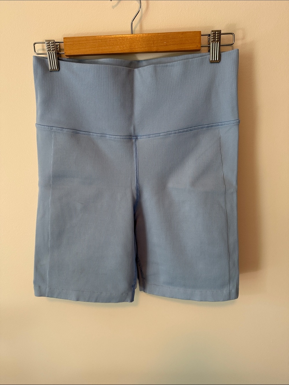 High-Waist Light Blue Ribbed Women’s Bike Shorts